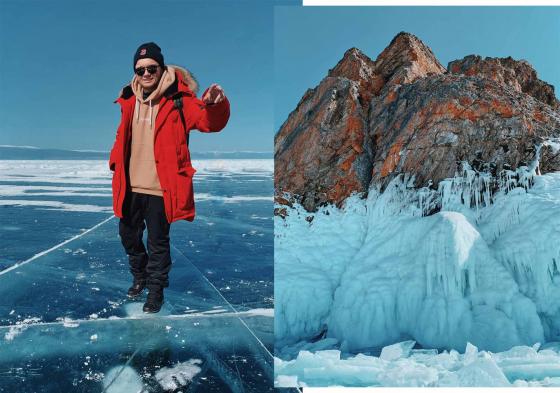 Евгений Фист и обледеневшая скала на замерзшем Байкале